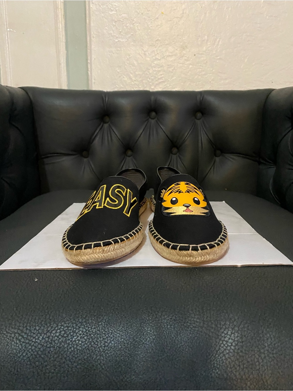 Circus by Sam Edelman Black Espadrilles with Yellow Tiger Motif and Lettering